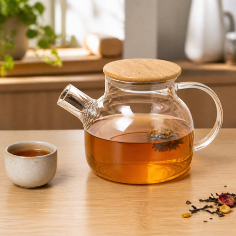 Tetera de vidrio con té y tapa de bambú sobre una mesa