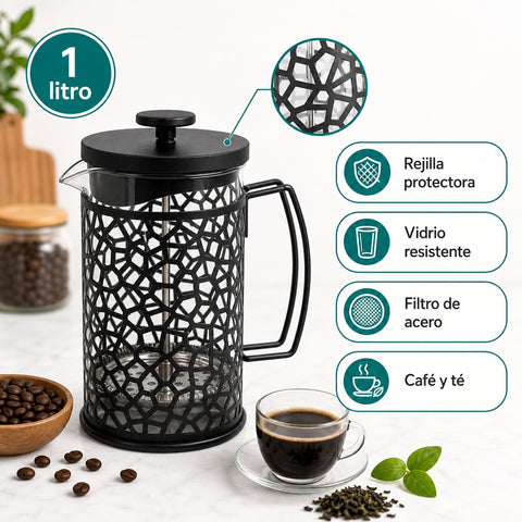 Prensa Francesa de Vidrio 1 Litro con Rejilla Negra | Filtro Acero | Café y Té