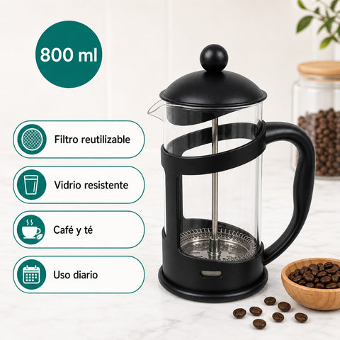 Prensa Francesa de Vidrio 800 ml | Filtro Acero Inoxidable | Café y Té