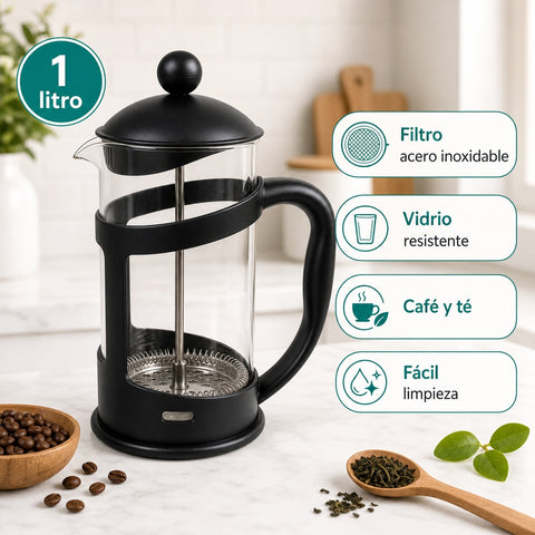 Prensa Francesa de Vidrio 1 Litro | Filtro Acero Inoxidable | Café y Té