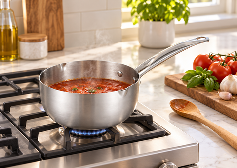 Cacerola de acero inoxidable de 20 cm en uso sobre cocina a gas