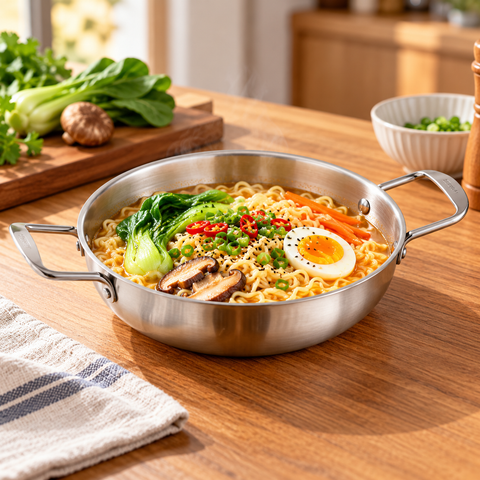 Olla coreana para ramen de 22 cm servida con fideos, huevo y verduras