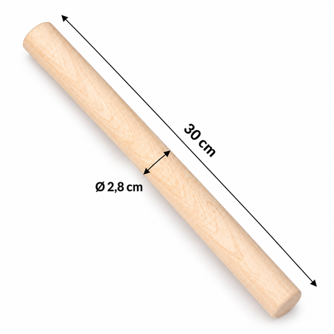 Medidas rodillo de amasar de madera: 30 cm de largo y 2,8 cm de diámetro