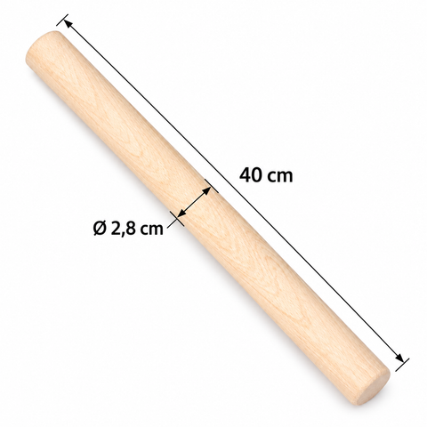 Medidas rodillo de amasar de madera: 40 cm de largo y 2,8 cm de diámetro