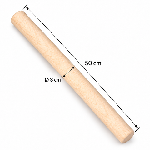 Medidas rodillo de amasar de madera: 50 cm de largo y 3 cm de diámetro