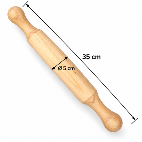 Medidas rodillo de amasar de madera: 35 cm de largo y 5 cm de diámetro