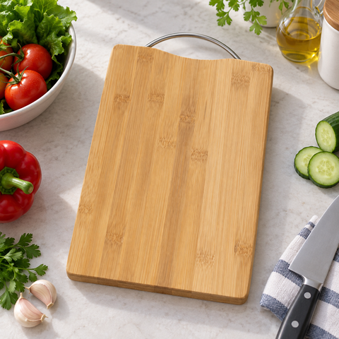 Tabla de cortar de bambú con manilla metálica en cocina