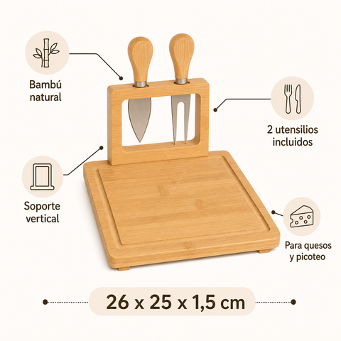 Tabla de Bambú para Quesos y Aperitivos 25x26x1,5 cm | Tabla para Servir y Picoteo