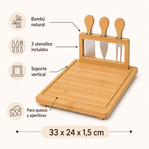 Tabla de Bambú para Quesos y Aperitivos 24x33x1,5 cm | Tabla para Servir y Picoteo