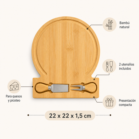 Tabla de Bambú para Quesos y Aperitivos 22x22x1,5 cm | Tabla para Servir y Picoteo