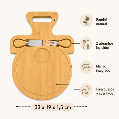Tabla de Bambú para Quesos y Aperitivos 22x30x1,5 cm | Tabla para Servir y Picoteo