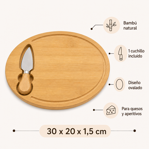 Tabla de Bambú para Quesos y Aperitivos 20x30x1,5 cm | Tabla para Servir y Picoteo