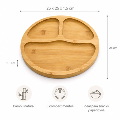 Bandeja Redonda de Bambú con 3 Compartimentos 25 cm | Snacks y Aperitivos