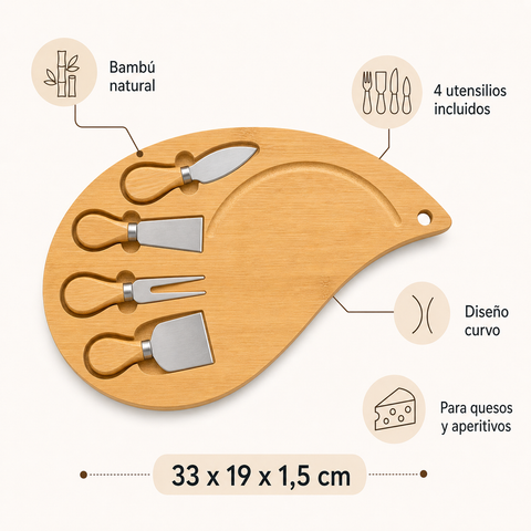 Tabla de Bambú para Quesos y Aperitivos 24x36x1,5 cm | Tabla para Servir y Picoteo