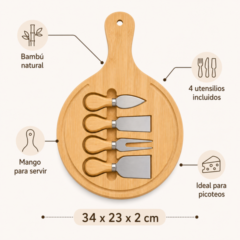 Tabla de Bambú para Quesos y Aperitivos 23x34x2,0 cm | Tabla para Servir y Picoteo
