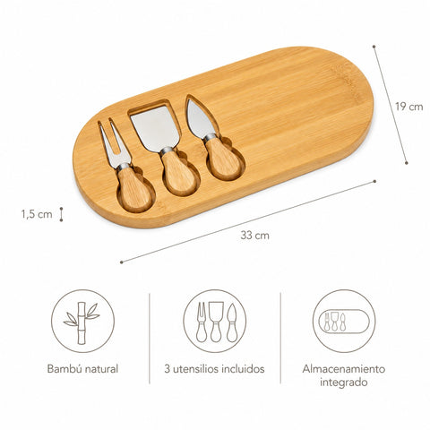 Tabla Ovalada de Bambú para Quesos con 3 Utensilios 33x19 cm