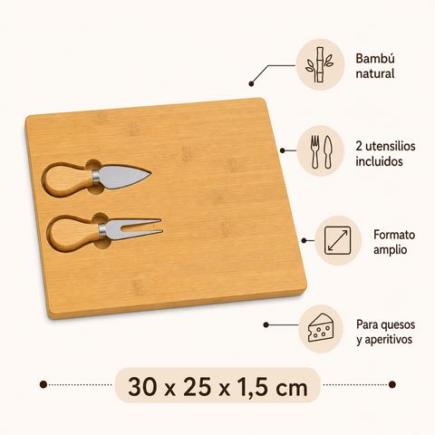 Tabla de Bambú para Quesos y Aperitivos 25x30x1,5 cm | Tabla para Servir y Picoteo