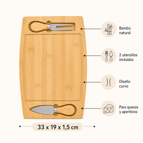 Tabla de Bambú para Quesos y Aperitivos 19x33x1,5 cm | Tabla para Servir y Picoteo