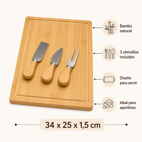 Tabla de Bambú para Quesos y Aperitivos 25x34x1,5 cm | Tabla para Servir y Picoteo