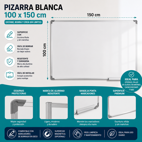 Pizarra Blanca Magnética Premium 100x150 cm | Marco Aluminio | Oficina y Educación