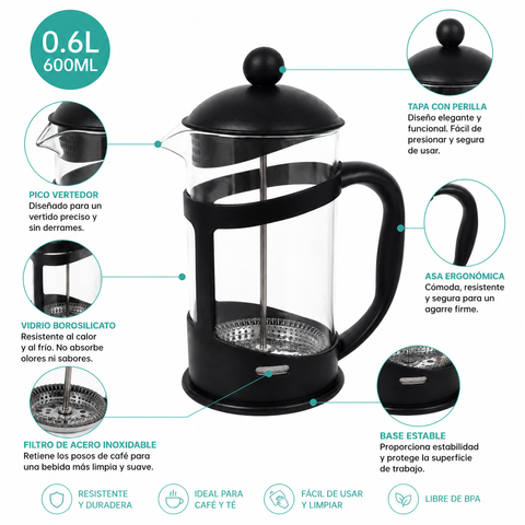Cafetera Francesa French Press 600 ml | Filtro Acero Inoxidable | Café Molido y Té