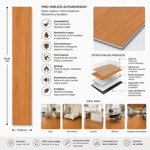 Piso Vinílico Autoadhesivo Diseño Madera Roble Miel 91,44 x 15,24 cm