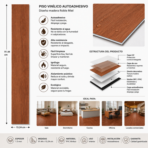 Piso Vinílico Autoadhesivo Imitación Madera Caoba – Revestimiento Interior Fácil Instalación