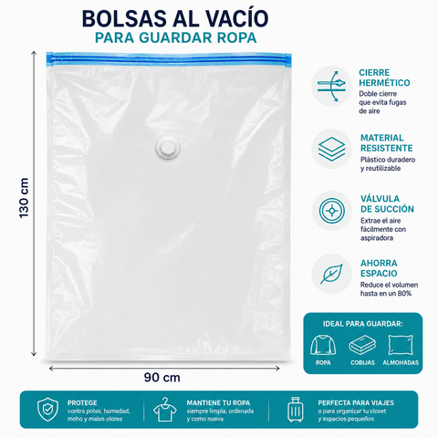 Pack 6 Bolsas al Vacío para Ropa y Frazadas 90x130 cm – Ahorra 80% Espacio