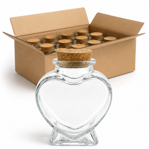 Pack 24 Botellas de Vidrio Corazón 80 ml con Tapón de Corcho