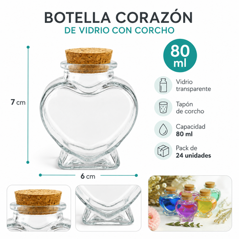 Pack 24 Botellas de Vidrio Corazón 80 ml con Tapón de Corcho