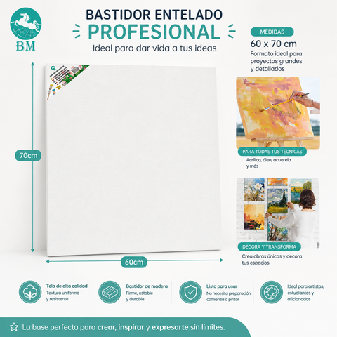 Bastidor Entelado Profesional 60×70 cm | Lienzo Canvas para Pintura Óleo y Acrílico