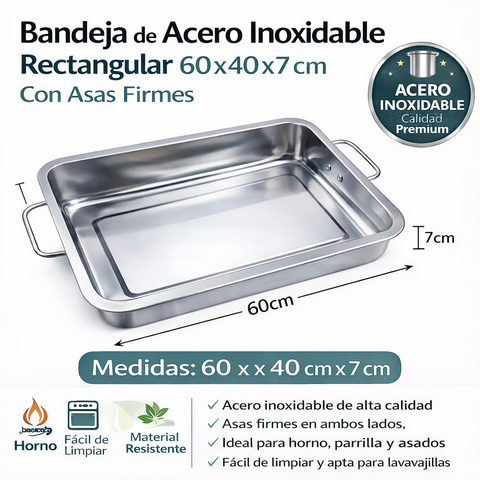 Asadera Grande de Acero Inoxidable 60x40 cm con Asas Firmes | Ideal para Horno, Carnes y Asados