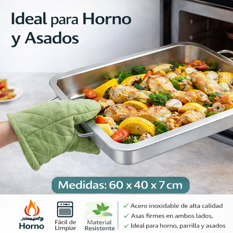 Asadera Grande de Acero Inoxidable 60x40 cm con Asas Firmes | Ideal para Horno, Carnes y Asados