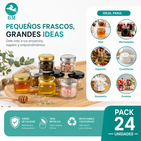 Pack 24 Mini Frascos de Vidrio 25ml con Tapa Metálica – Miel, Souvenirs y Eventos