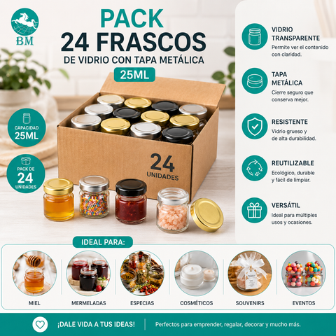 Pack 24 Mini Frascos de Vidrio 25ml con Tapa Metálica – Miel, Souvenirs y Eventos