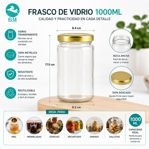 Pack 6 Frascos de Vidrio 1000ml con Tapa Metálica – Conservas, Alimentos y Despensa