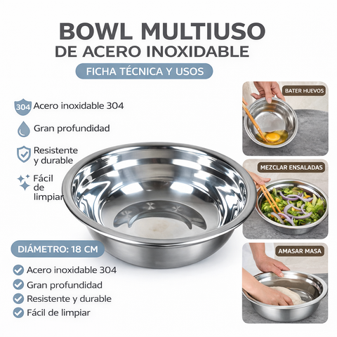 Pack 6 Bowls de Acero Inoxidable 18cm para Cocina y Repostería