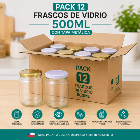 Pack 12 Frascos de Vidrio 500ML con Tapa Metálica – Ideales para Conservas y Cocina