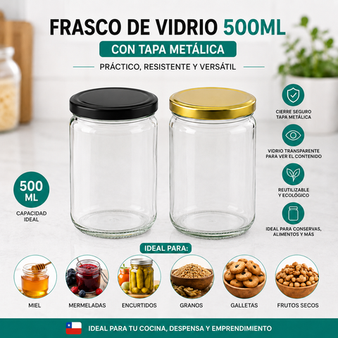 Pack 12 Frascos de Vidrio 500ML con Tapa Metálica – Ideales para Conservas y Cocina
