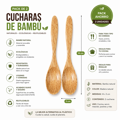 Pack 2 Cucharas de Bambú Natural – Utensilios Ecológicos
