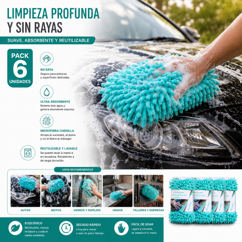 Pack 6 Esponjas de Microfibra Chenilla para Lavado de Auto y Hogar – Celeste