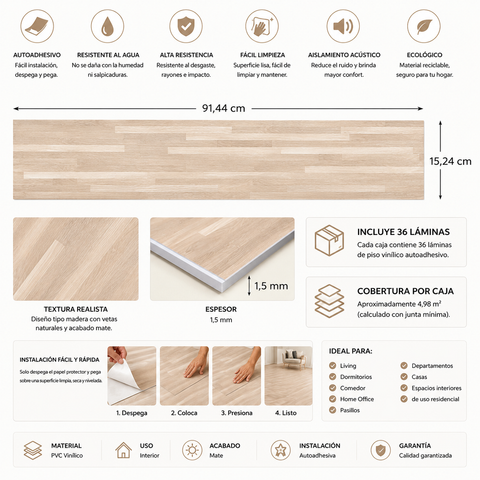 Piso Vinílico Autoadhesivo Roble Nórdico Beige Claro Caja 36 Láminas