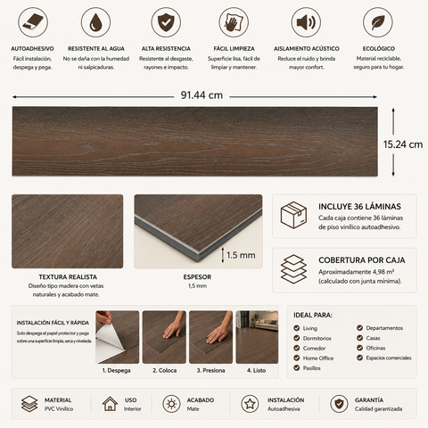 Piso Vinílico Autoadhesivo Nogal Oscuro | Caja 36 Láminas | 91x15 cm | Fácil Instalación