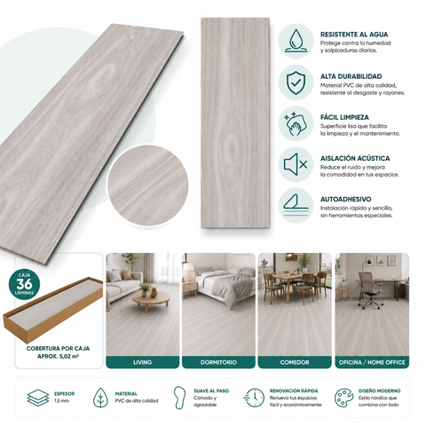 Piso Vinílico Autoadhesivo Gris Nórdico Claro | Caja 36 Láminas | 5,02 m²