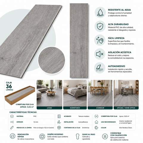 Piso Vinílico Autoadhesivo Gris Grafito Oscuro | Caja 36 Láminas | 5,02 m²