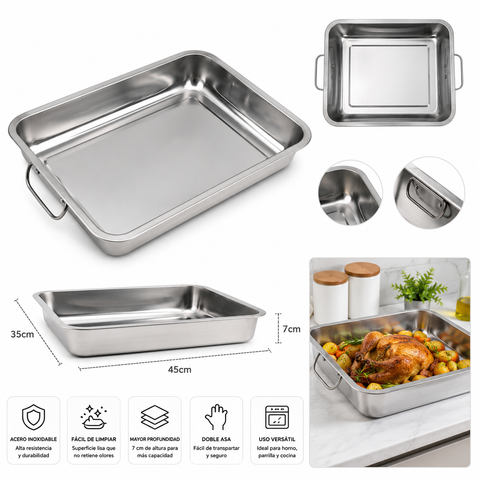 Asadera Grande de Acero Inoxidable 50x35 cm con Asas Firmes | Ideal para Horno, Carnes y Asados