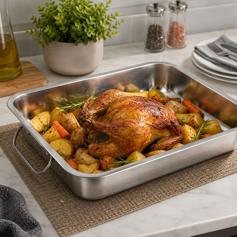 Asadera Grande de Acero Inoxidable 50x35 cm con Asas Firmes | Ideal para Horno, Carnes y Asados