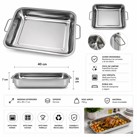 Asadera Grande de Acero Inoxidable 40x30 cm con Asas Firmes | Ideal para Horno, Carnes y Asados