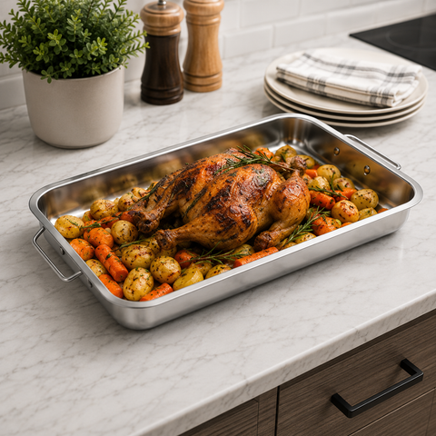Asadera Grande de Acero Inoxidable 40x30 cm con Asas Firmes | Ideal para Horno, Carnes y Asados