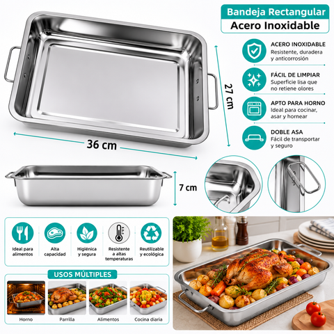 Asadera Grande de Acero Inoxidable 36x27 cm con Asas Firmes | Ideal para Horno, Carnes y Asados